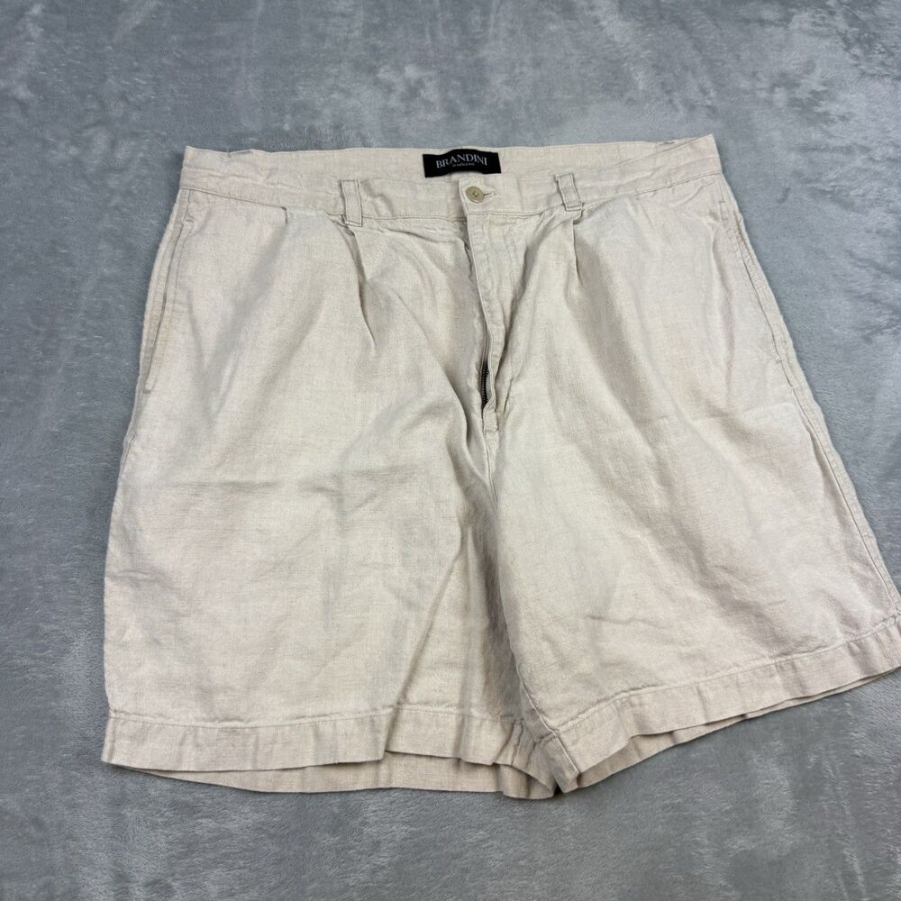 Vintage Brandini 100% Linen Beige Pleated Shorts Mens Size 38 Casual Summer
